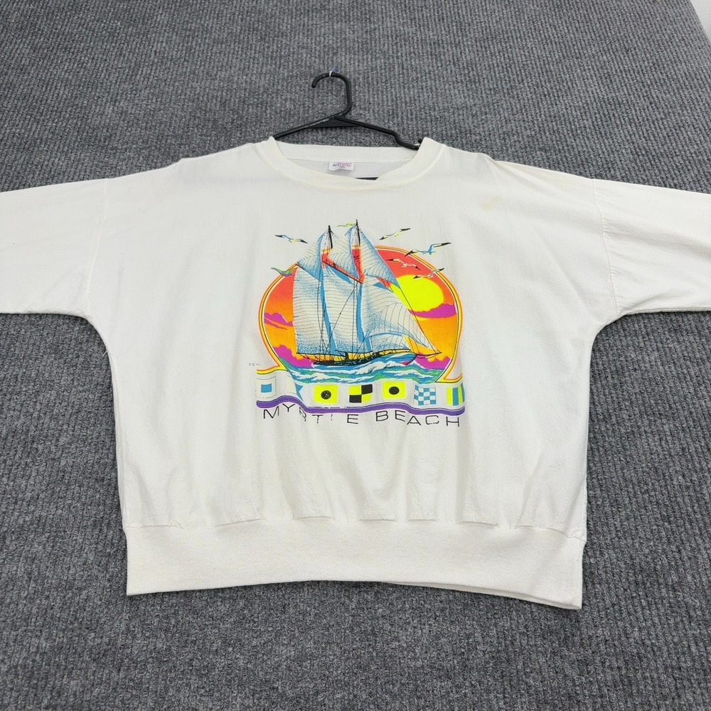 Vintage Myrtle Beach Quitman USA Sweatshirt S White Cotton Graphic Retro 90s